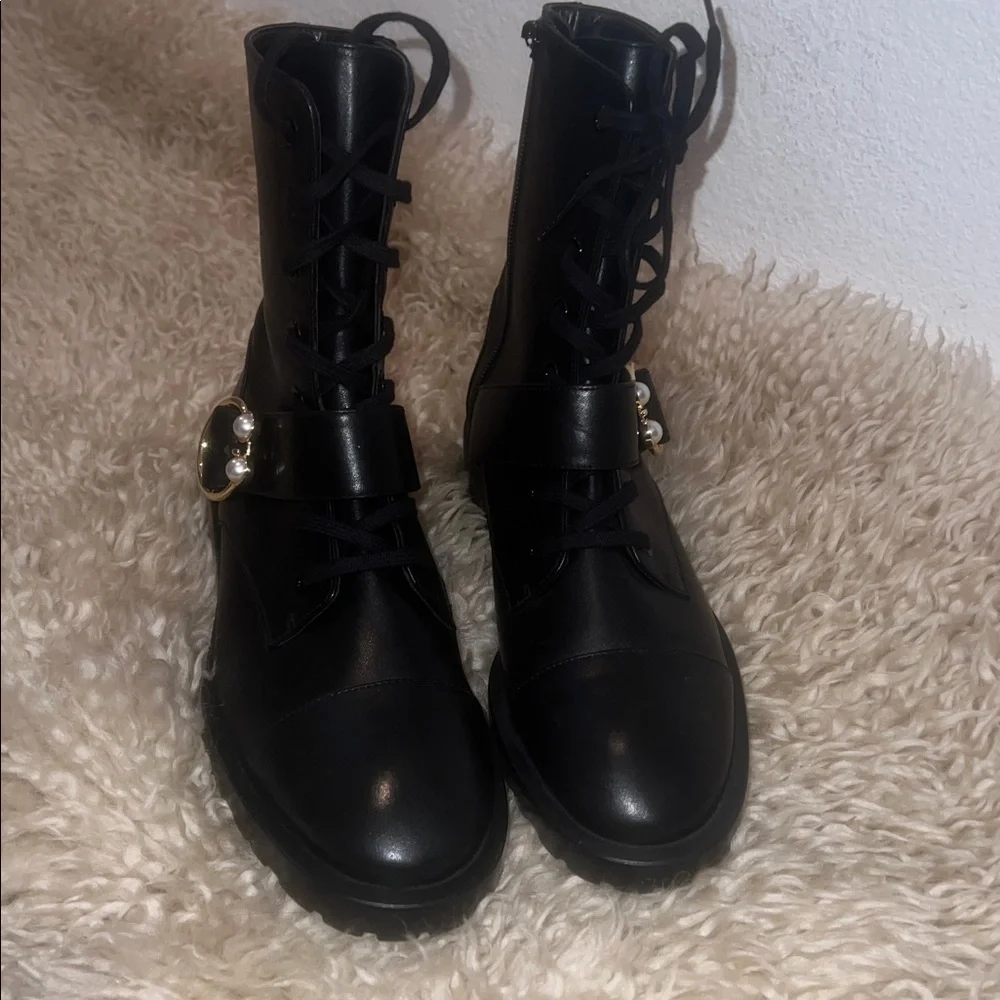 Stuart Weitzman Pearlring Leather Ankle Combat Bootie Black
